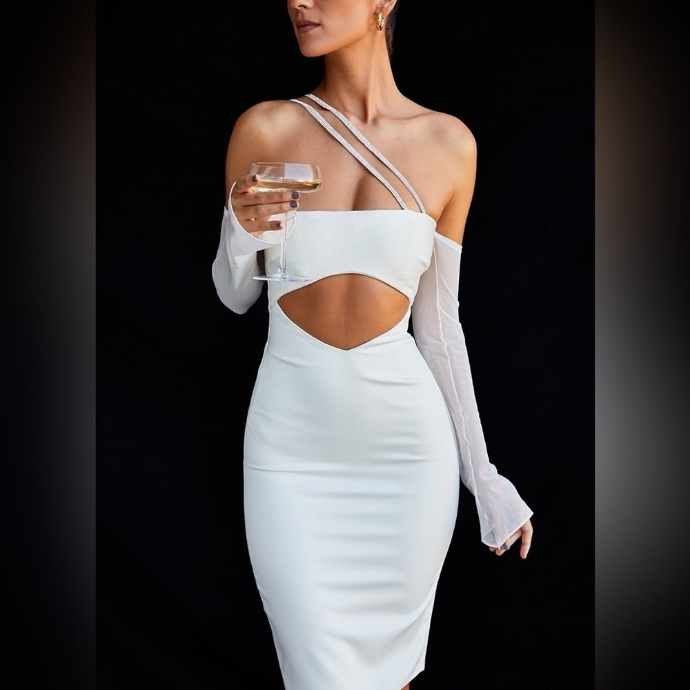 House of CB Loulou Ivory Satin Cutout Midi Dress White Embellished
